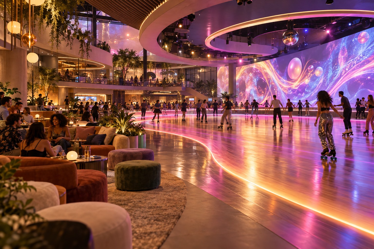 Architectural concept of an immersive roller rink and welcoming community lounge