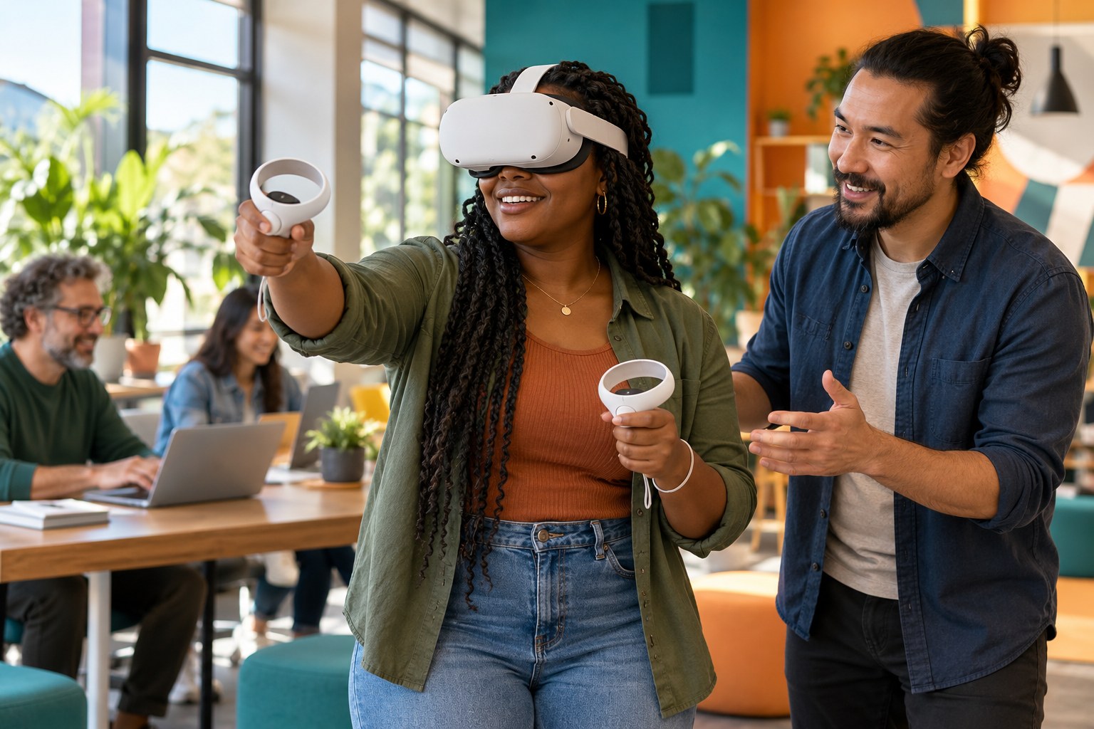 Concept image of an adult learner using virtual reality with an instructor