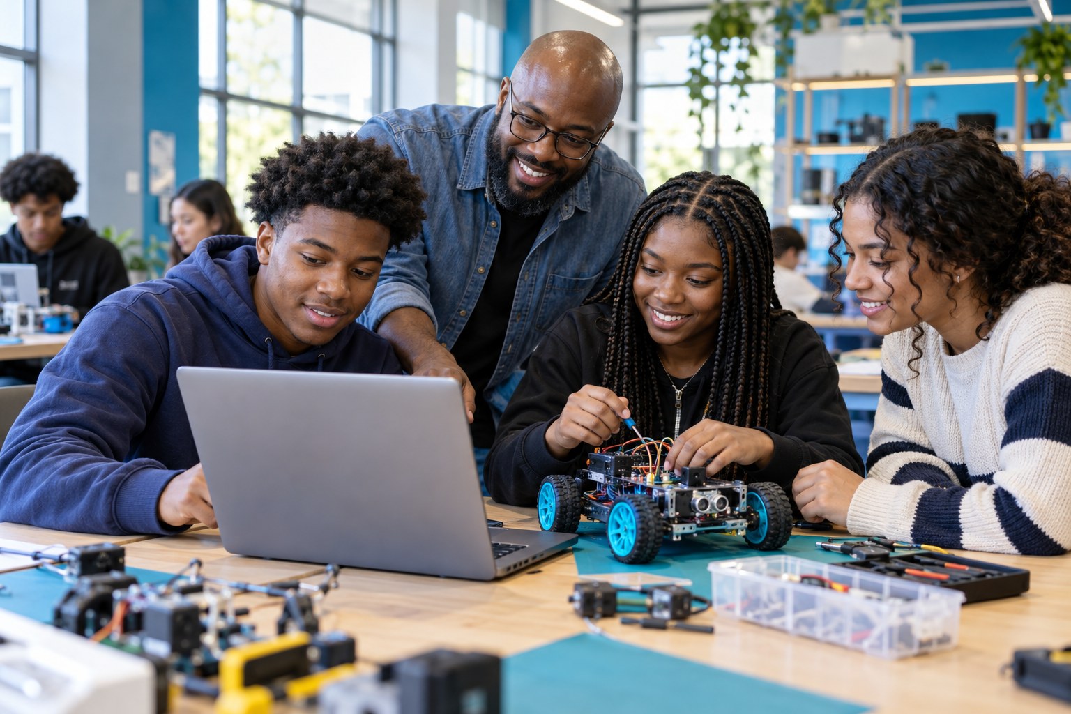 Young people exploring robotics and digital skills with a mentor
